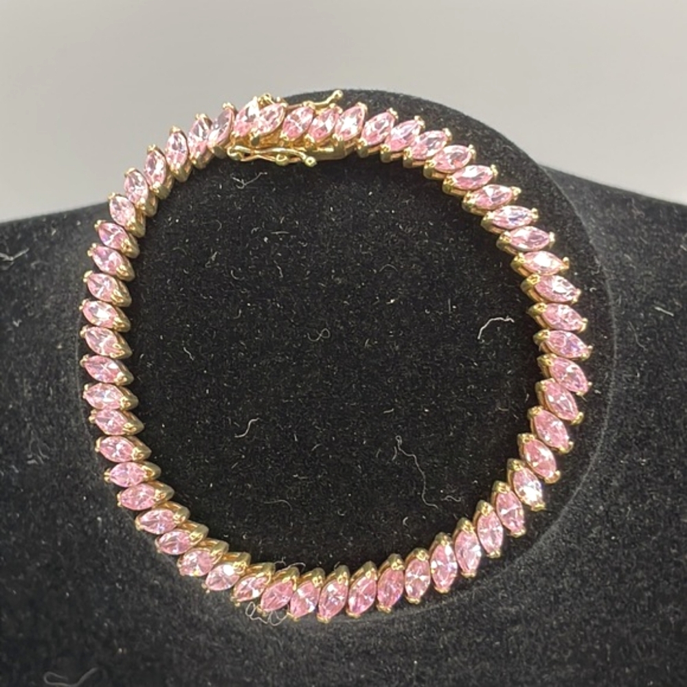 Sterling 925 Gold Tone Overlay Pink Rhinestone Tennis Bracelet
